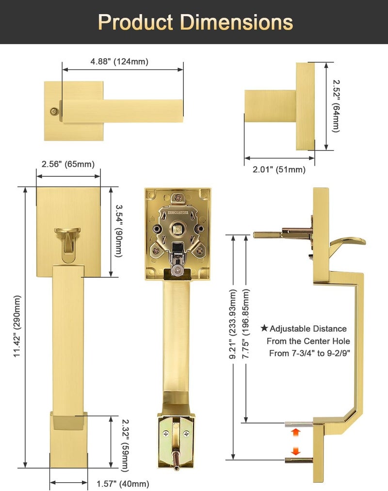 Tinewa Square Gold Front Door Handle with Classic Door Lever 1 Pack, Upgrated Exterior Door Entry Handle No Lock, Reversible for Left & Right Handed - Image 5
